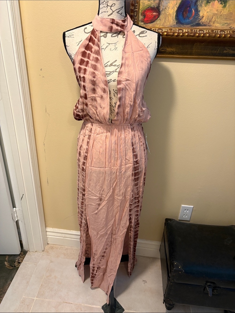 🔥Misguided Pink Tie-Dye Halter Split hem Elastic back & waist Maxi Dress